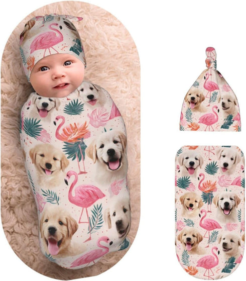 Nanyizly Cute Puppies Flamingos Leaves Newborns Beanie Swaddle Blanket Set Baby Receiving Blankets