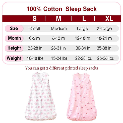 PHF 100% Cotton Baby Sleep Sack, 0-6 Months, 2-Way Zipper Infant Sleeping Sack for Boys & Girls, 2 Pack