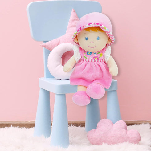 12" 1 2 3 June Garden Soft Dolly Emilia - Stuffed Soft Baby Doll Gift for Year Old Girls - Pink Dress