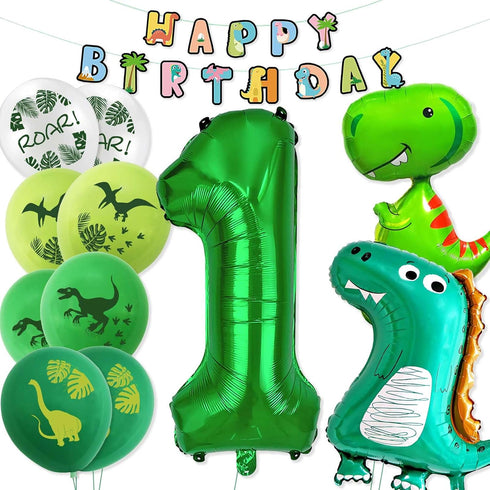 Happy 1st Birthday Decorations - Large Dinosaur Foil Balloons, Number 1 & Dinosaur Printed Balloons, Banner for Boy &