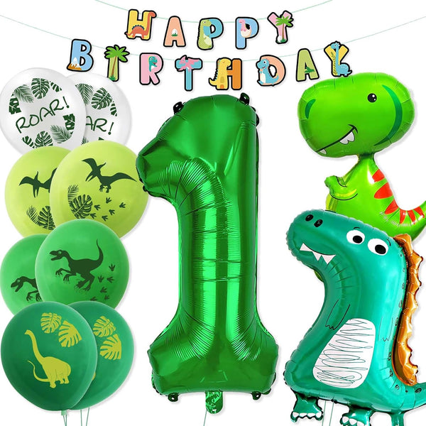 Happy 1st Birthday Decorations - Large Dinosaur Foil Balloons, Number 1 & Dinosaur Printed Balloons, Banner for Boy &