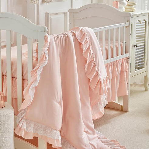 Set 3 Lace Ruffle Crib Bedding Pieces Baby Boho Lace Quilted Comforter with Fitted Sheet and Bed Skirt - Cute Ruffled