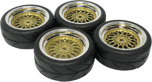 4PCS 64mm RC On Road Rubber Tires and Plastic Plating Wheel Rims Set 12mm Hex for 1/10 RC Run-flating Touring Racing Drift Car Tyre for Tamiya Sakura HPI WR8 HSP TT02(Gold Silver)