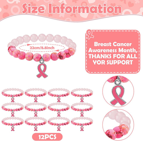 Karenhi 12 Pcs Breast Cancer Awareness Beaded Bracelets, Pink Ribbon Natural Stone Inspirational Gifts for Women