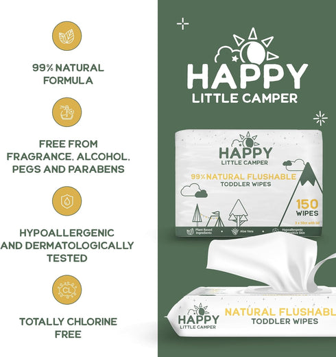 50 Count Happy Little Camper Natural Flushable Wipes - Hypoallergenic & Chlorine-Free Wet Wipes with Aloe Vera