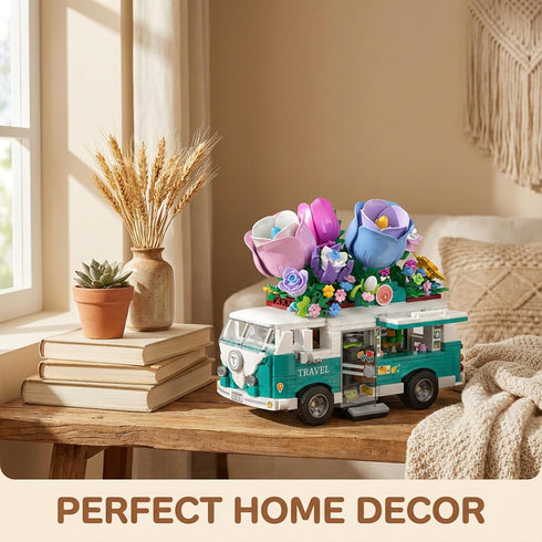 HJPLPXH Set 862 Flower rv Camper Van Building Piece Botanical Travel Bus with Opening Side Cabin Outdoor Table Chairs
