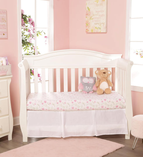 EVERYDAY KIDS 2 Pack Fitted Girls Crib Sheet 28in x 52in - 100% Soft Breathable Microfiber, White and Pink with Flowers
