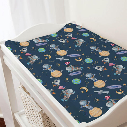 Cartoon Outer Space Galaxy Ship Changing Pad Cover, Cute Spaceman Moon Stars for Baby Boy Girl, Soft Breathable