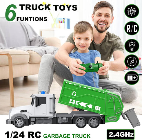 2.4Ghz Remote Control Garbage Truck Toys, 1/24 RC Garbage Truck with 6 Channel Remote Control, Birthday Gift for Boys