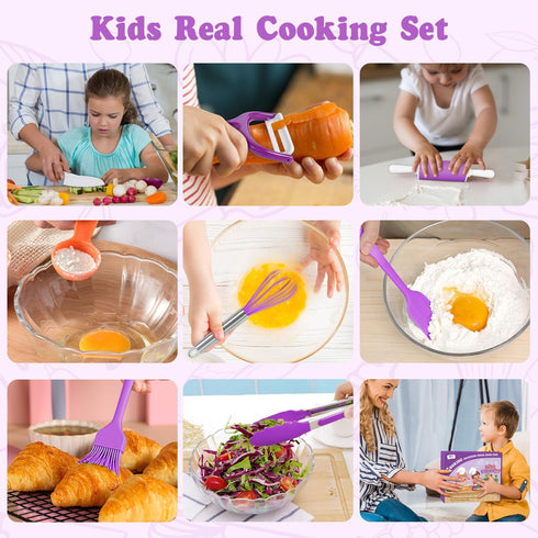 Sets Set Kids Cooking Real, Kids Cooking and Baking with Storage Case Kid Safe Knives Cutting Board Apron Cookbook