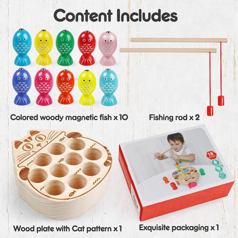 Wooden Magnetic Fishing Game for Toddlers 1-3 - Montessori Learning Toys for Fine Motor Skills, Birthday Gift