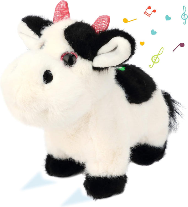 Cuteoy Walking Black Cow Stuffed Animal Speaking Moo Plush Cattle Electric Interactive