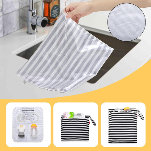 2Pack Damero Breast Pump Parts Bag, Wet Bag for Breast Pump Parts Storage with Waterproof Mat, Black Strips