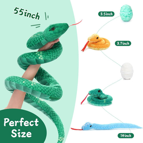 Muiteiur Giant 6 Piece Snake Stuffed Animal - 55 inch Mommy Snake with 3 Baby Snakes & 2 Eggs, Green Plush Toy