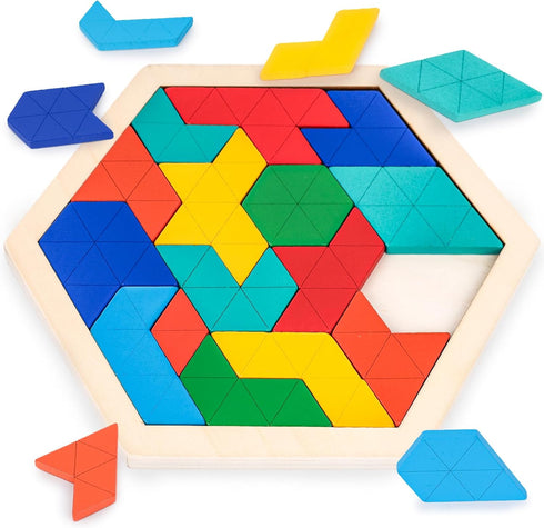 3 Otters Wooden Hexagon Puzzles, Brain Teaser Blocks for Kids, Montessori Educational Shape Pattern Block for All Ages