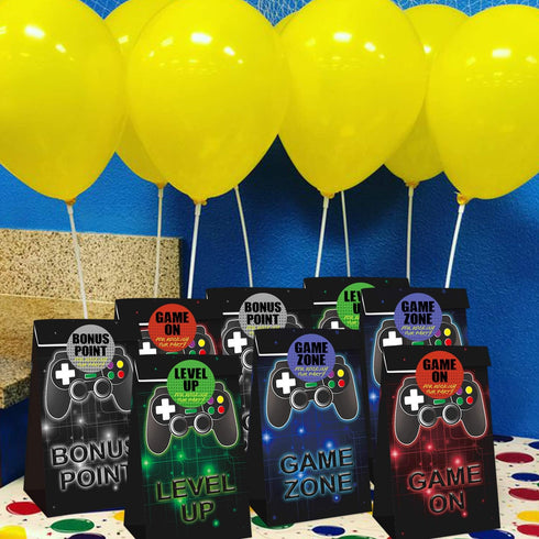 24 Pieces Video Game Party Candy Bags, 4 Designs Goodie Bags for Themed Birthday Party with Stickers