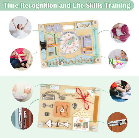 Double-Sided Wooden Busy Board for Toddlers, Montessori Travel Sensory Activity Toy for Kids Age 2-5, Ideal for Birthday