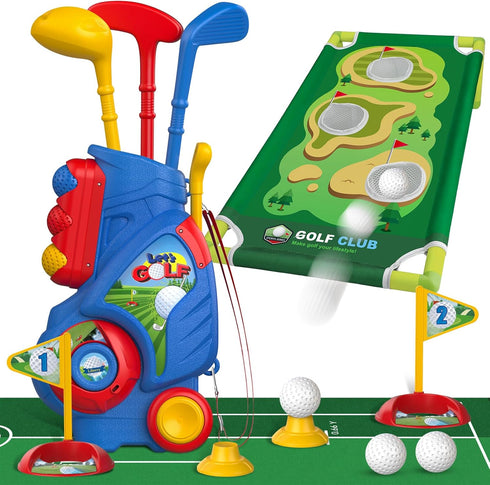 Liberry Toddler Golf Set for Boys & Girls Age 2-5, Upgraded Kids Golf Cart with Cornhole Board & Putting Mat