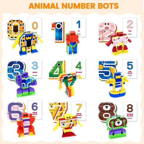 10-in-1 3+, 10 Animal Number Robots Transforming Toys STEM Learning Toys for Kids Ages Number Blocks with Digital