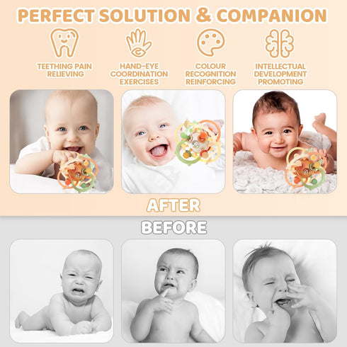 Orzbow Baby Sensory Teething Teether Toys - Infant Montessori Silicone Rattle Balls for 3-6-12-18 Months Sucking Needs,