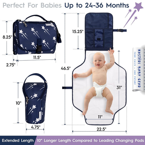 Nasteri Baby Gear Extra Large Portable Baby Changing Pad with Memory Foam Pillow & Insulated Bottle Bag - Waterproof
