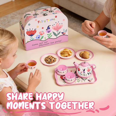 Set 3-6, 15-Piece Set Floral Tea Party for Little Girls Ages Pretend Play Kitchen Toys with Teapot, Cups, Plates