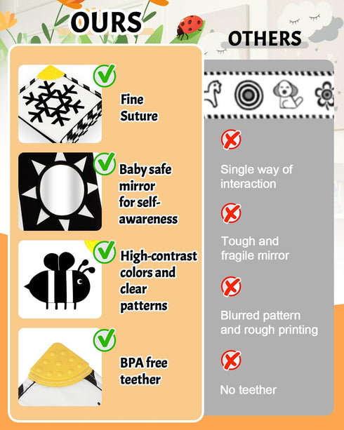 0-6-12 Tummy Baobrava High Contrast Baby Toys, Black and White Newborn Toys for Brain Development, Soft Baby Books