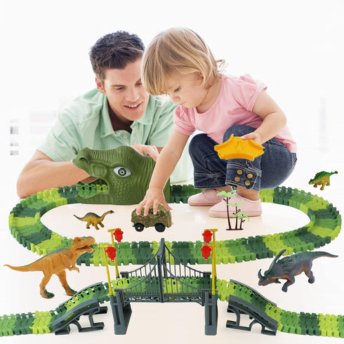 Dinosaur World Race Track Toys - 216pcs Flexible Track Playset with 1 Dinosaur Car, 1 Race Car, 6 Dino Toys