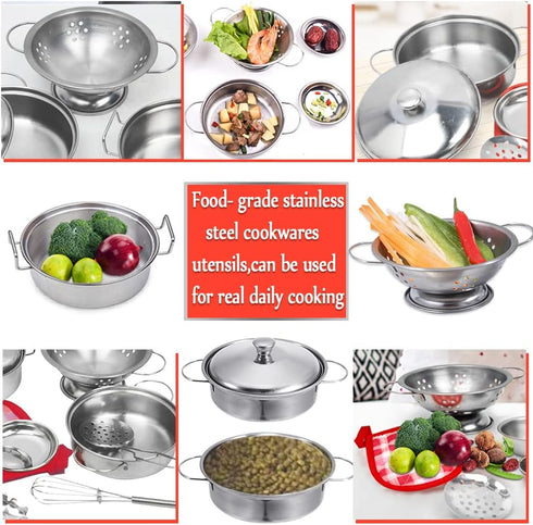 Kids Mini Cooking Toys Set - 11Pcs Pretend Play Kitchen Accessories with Stainless Steel Pots, Pans, and Utensils