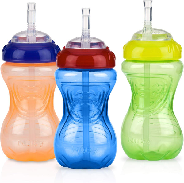 Nuby No-Spill Sippy Cup with Flex Straw - 10-Ounce Bottles (3-Pack) - Neutral Color Training Cups for Toddlers 12+