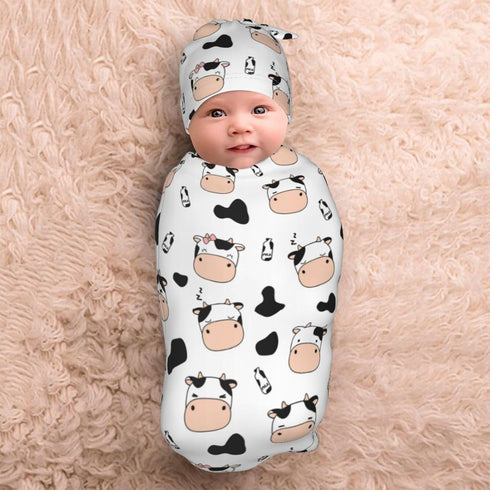 Cute Cow Print Swaddle Blanket Hat Set for Boys Girls, Soft Newborn Sleeping Sack Receiving Blanket Shower Gift