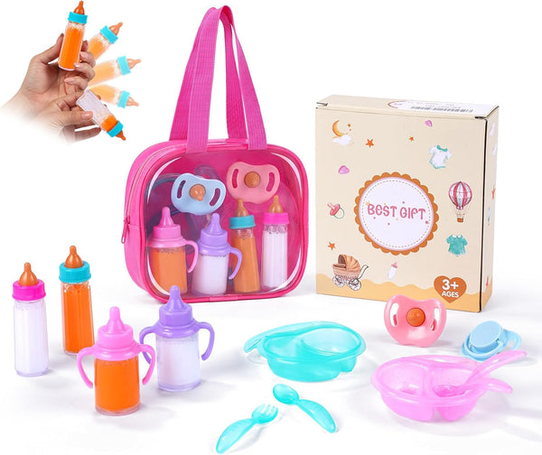 BABESIDE 13 Pcs Baby Doll Accessories Set, Magic Baby Doll Bottles and