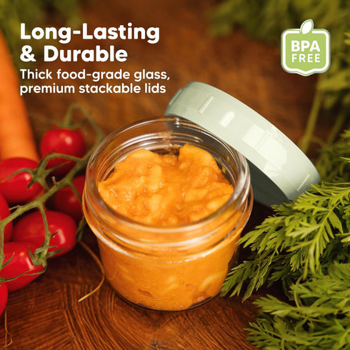 KeaBabies 6pk 4oz Glass Baby Food Containers - Leak-Proof, Microwavable Small Baby Glass Jars with Lids (Sage)