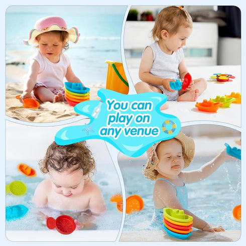 Bath Toys Rainbow Floating Boats with Bathing Spoon, 11 Pcs Water Table Toys for Toddlers 1-3/Infants 6-12-18 Months