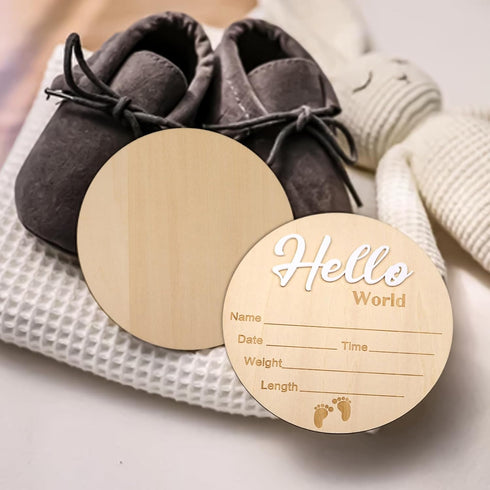 Lemicin 5.9 Inch Baby Birth Announcement Sign Hello World Newborn Name Wooden Plate for Hospital Nursery Birth