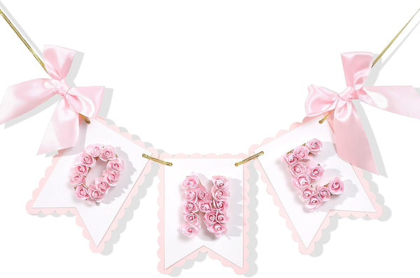 LINLULU Flower 1st Birthday High Chair Banner - Pink and Gold One Birthday