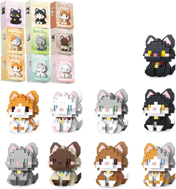 QISHOUTING 9 Packs Mini Cats Building Blocks, 9 Styles Small Cute Cat