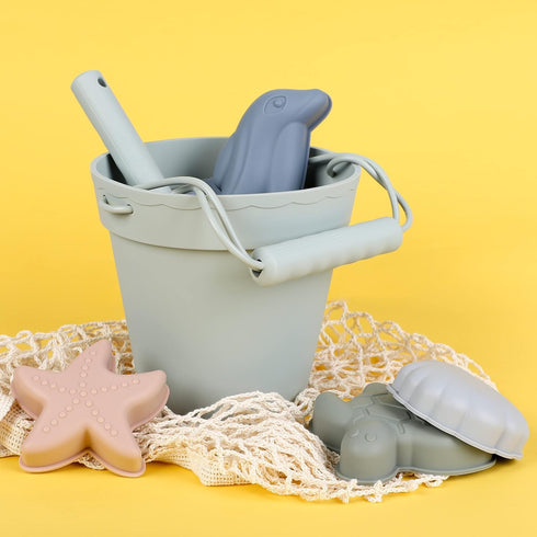 Set 4 BLUE GINKGO Silicone Beach Toys - Modern Baby | Travel Friendly Bucket, Shovel, Sand Molds, Bag for Toddlers