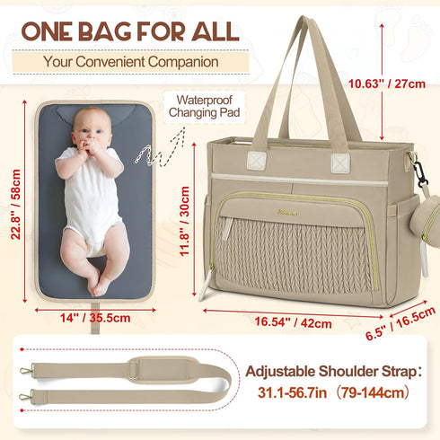 RAINSMORE Diaper Bag Tote, Large Diaper Baby Bag Waterproof Multifunctional Diaper Bag with Pacifier Case & Changing