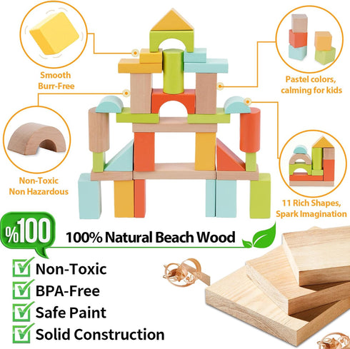 1-3, 100 Set 2+, 1st FCSONU Wooden Building Blocks for Toddlers Pcs Wood Blocks - Sorting & Stacking Toys with Storage