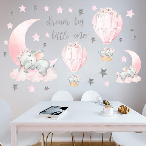 WEWINLE Dream Big Little One Elephant Wall Stickers, Pink Moon Hot Air Balloon Grey Stars Wall Decals for Nursery Kids