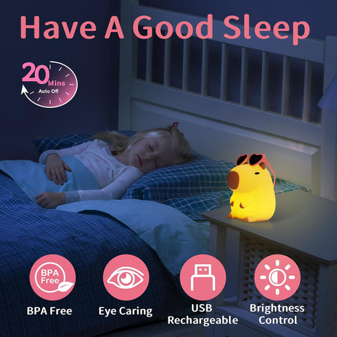 Attivolife Summer Capybara Night Light, Portable Silicone Lamp for Girls, Funny Bathroom Decor, Pink Glasses