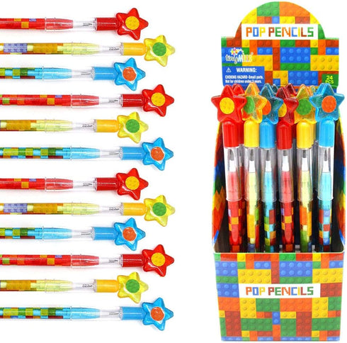 Tiny Mills 24 Pcs Building Blocks Brick Multi Point Stackable Pencil with Eraser for Birthday Party Favor Prize