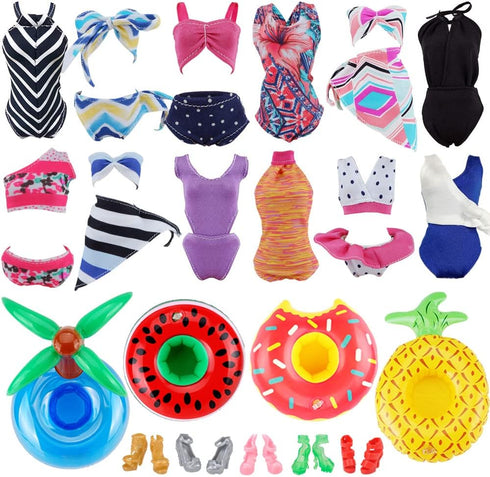 E-TING 11 Items, 3 Pcs Doll Beach Bikini Swimsuit + 3 Pcs Swim Ring + 5 Pairs Shoes for 11.5 Inch Girl Doll (Random