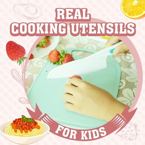 JOY TOWN Set JoyTown Kids Cooking and Baking with Storage Case Real Cooking Supplies with Cookbook, Knives, Timer, Kids
