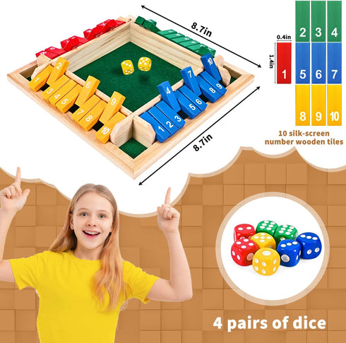 Shut The Box Dice Game for 1-4 Players - Traditional Wooden Pub Bar Board Game with 10 Numbers for Kids and Adults
