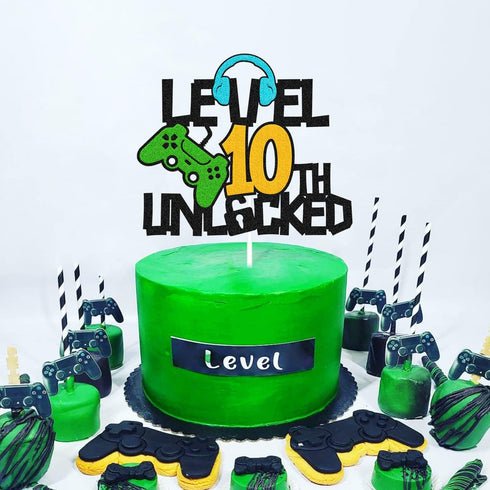 Level 10th Unlocked Cake Topper, Happy 10th Birthday Decoration, Video Game Controller Theme Supplies