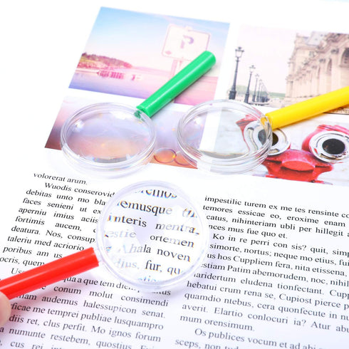 Elcoho 32 Pack Colorful Plastic Magnifying Glasses for Young People Party Favors Educational Toys with Storage Bag