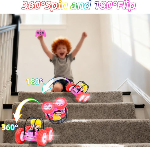 360 3-8, Cartoon Girl Driver RC Stunt Car for Kids Flips, Music & Lights, USB Rechargeable Remote Control Car Toy