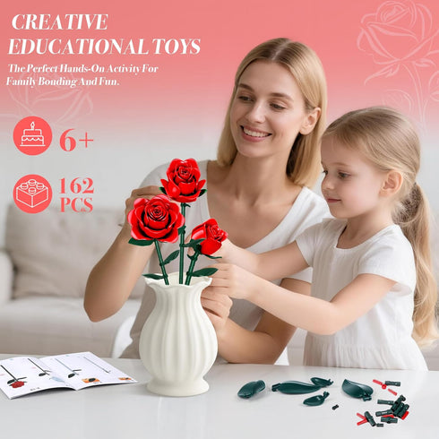 eafzv Set, 3 162 Mother's Day Flowers Bouquet Building Artificial Red Roses Botanical Collection Building Block
